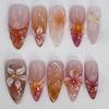 30 Pcs Orange Press on Nails Short Almond, YIHONGYAN Spring Reusable Fake Nails with 3D Flowers Gilded Design Acrylic Nail Kit Glue on Nails Full