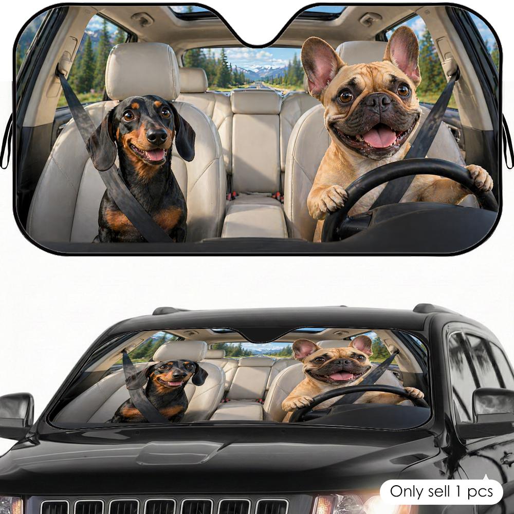 Funny French Bulldog and Dachshund Sun Visor Car Windshield Sunshade UV Protection Reflective Foldable Heat Insulation Cover