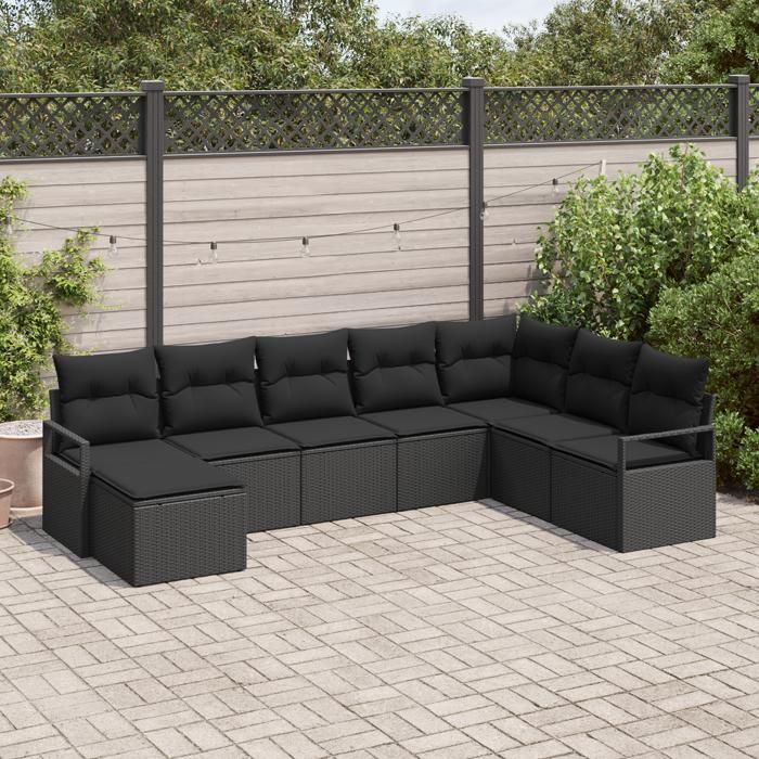 Ensemble de Canapé de Jardin 8 Pièces avec Coussins Noir Rotin Poly, Canapé de Jardin 2 places avec Coussins Noir Rotin Poly 3346503