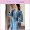 Vintage Jeans Dress For Women Knitted Fabric Long Sleeve With Vneck And Button Detailing