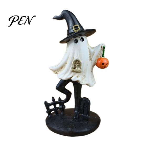 Sturdy Resin Ghost Statue Halloween Figurine, Vintage Cute Holding Micro Landscape Prop Pumpkin Lantern for Indoor Home Table Decor Wizard Hat