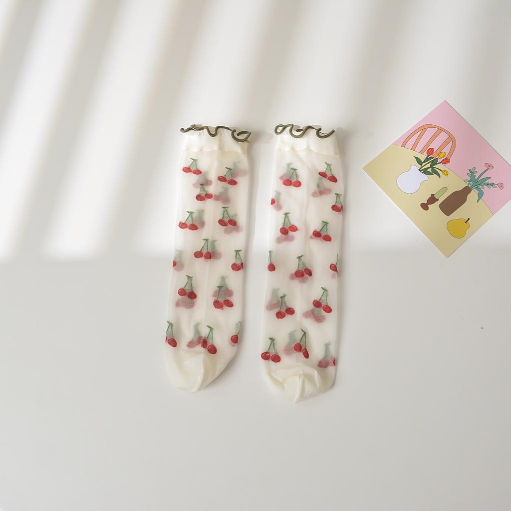 Girls Strawberry Embroidered Lace Over Knee High Socks Thin Transparent Floral Princess Kids Long Stockings