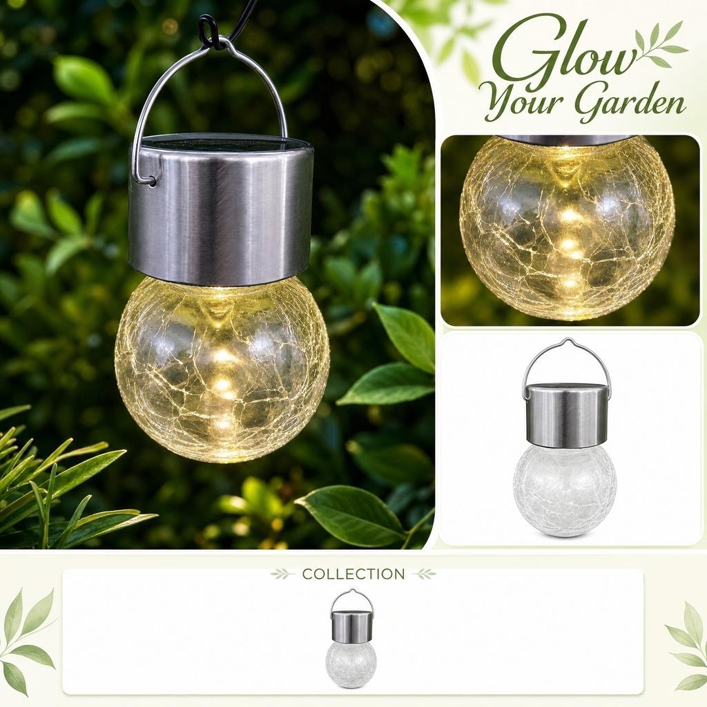 Outdoor Solar Powered Crackle Glass Hanging Ball Light Waterproof Garden Landscape Lighting for Yard Pathway Patio Decor