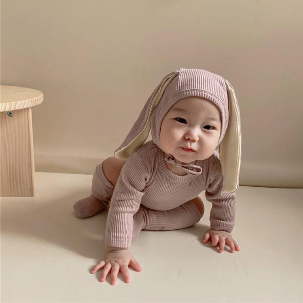 Ribbed Texture Bunny Costume Cotton Solid Baby Bodysuit Rabbit Romper Sets  Infant Girls