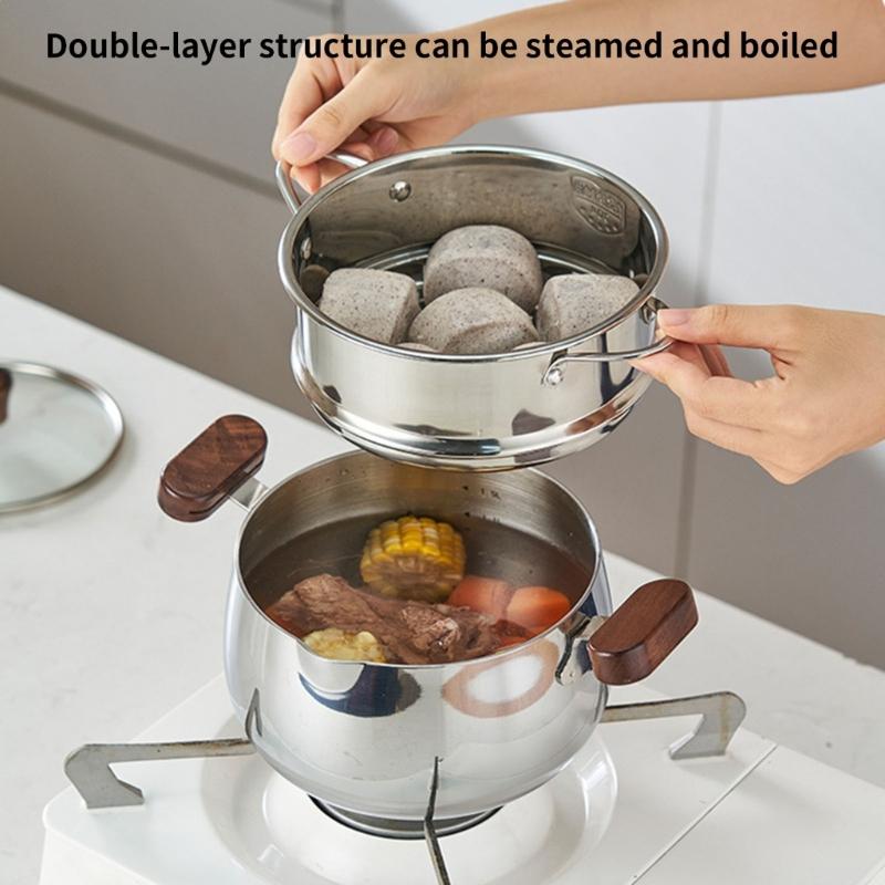 Premium 304 Stainless Steel Double Layer Steamer Pot with Wood Handle Suitable for Efficient and Even Cooking Experience