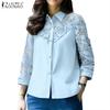 ZANZEA Women Casual Turn Down Collar Hollow Crochet Splice 3/4 Sleeve Blouse