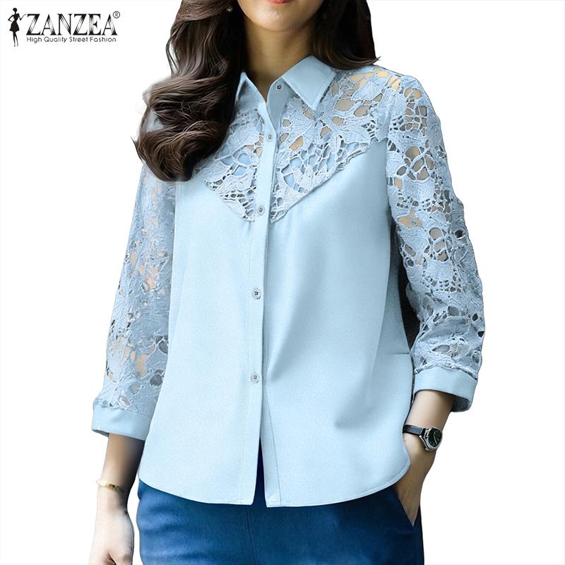 ZANZEA Women Casual Turn Down Collar Hollow Crochet Splice 3/4 Sleeve Blouse