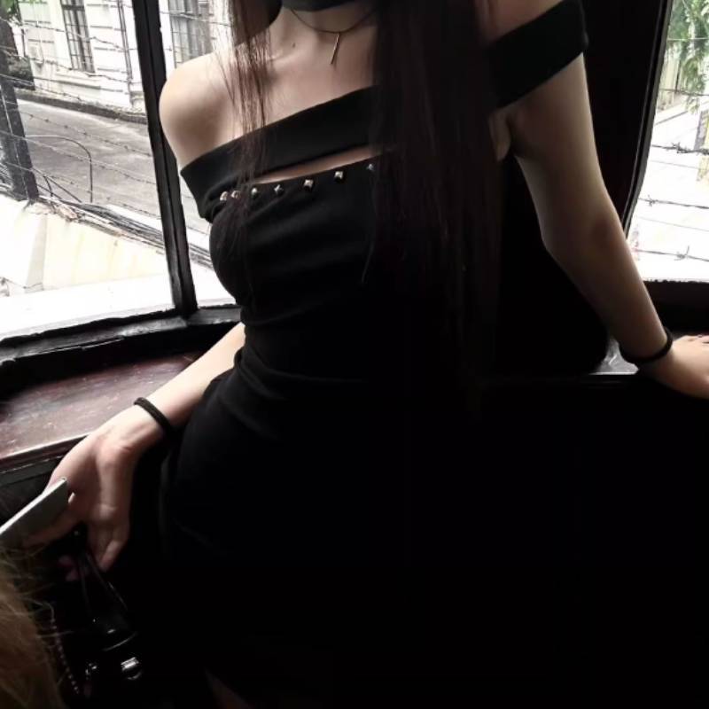 Black Elegant Off Shoulder Bodycon Dress With Studded Hollow Out Detailing For Night Out