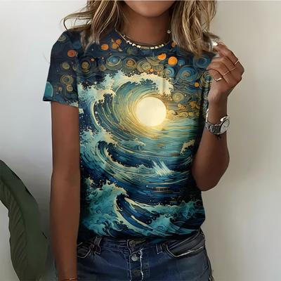 Fashionable Ocean Style Wave Moon Printed Daily Casual Women's Summer Versatile Short Sleeved T-shirt Pullover Y2K Streetwear