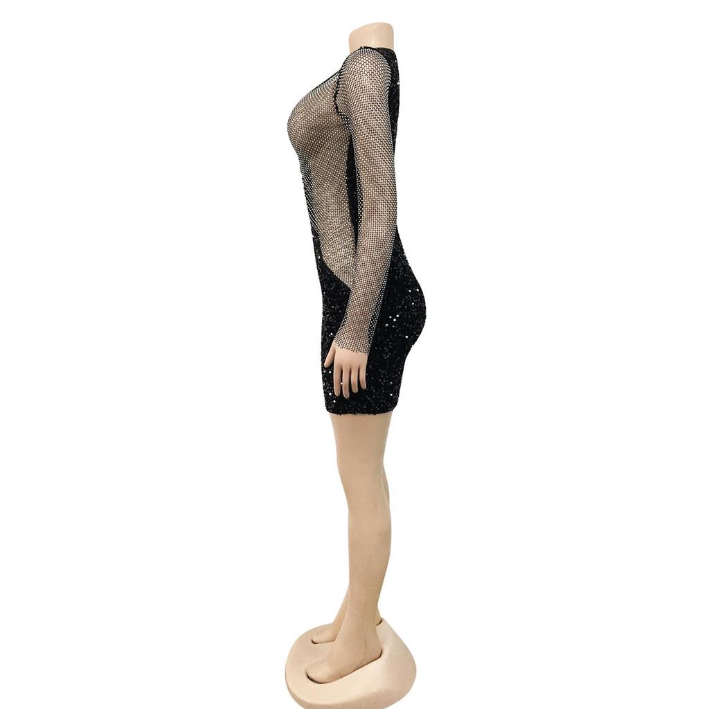 X5315 Europäisches & Amerikanisches Mode V-Ausschnitt Paillettenkleid - Sexy, Langarm, Heißbohrdesign