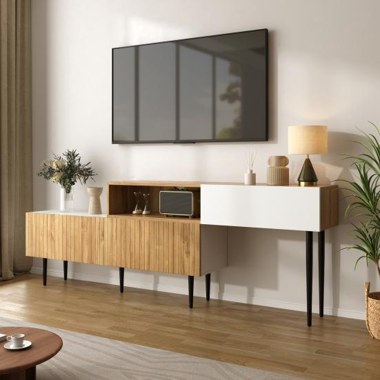 Modern TV Cabinet with Adjustable Length, Modular 2-Piece Design, Wood Look, Matt White, Black Metal Legs, Multifunctional Living Room