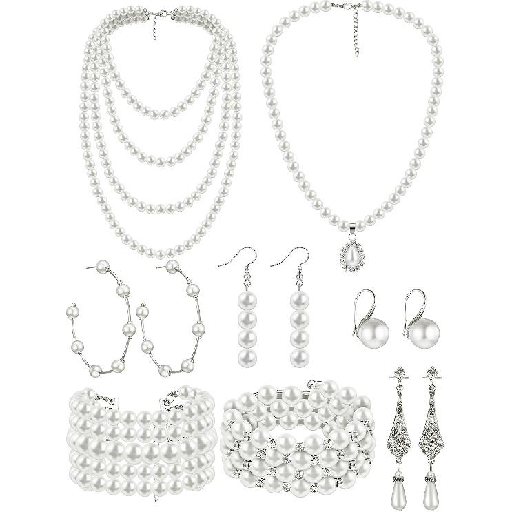 BBTO 8 Pcs Pearl Necklace and Earring Set for Women Faux Pearl Bracelet Costume Jewelry Set for Wedding Bridal Shower Party