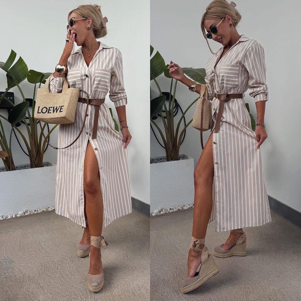 2025 Summer Elegant Striped Slit Dress for Women