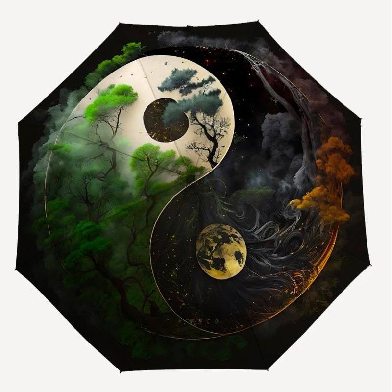 1PC Yin Yang Trees Automatic Open/Close Umbrella with Windproof, 8-Rib Sturdy Canopy, Durable Ribs, Fashionable Design, Outdoor Accessory, Fun Prin, H