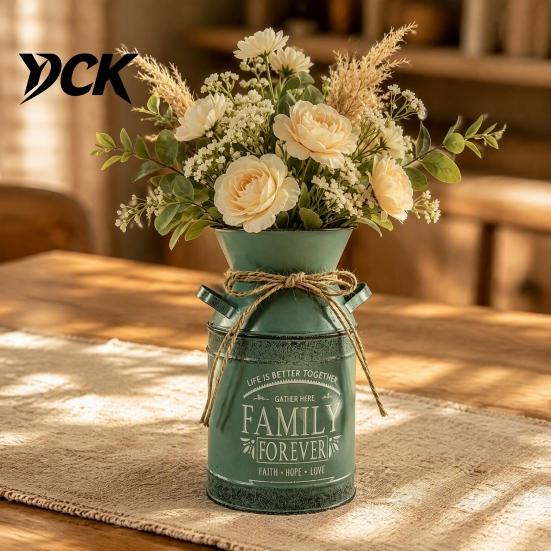 Stabile Schmiedeeisen-Handwerkskunst Vintage Metallmilchkannen-Vase, Bauernhaus-Blumenkübel mit Griffen & Jute Innenfenster-Ausstellungsdekor-Schleife, Shabby Dekorativ