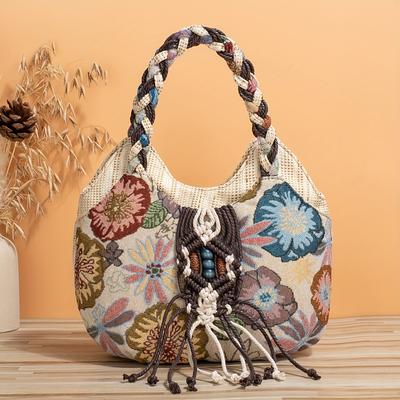 Boheme Stil Håndlavet Flettet Mønster Tyk Tote Taske Letvægts Lynlås Afslappet Dame Håndtaske Design Med Blomsterbroderi Og Kvast Detaljer