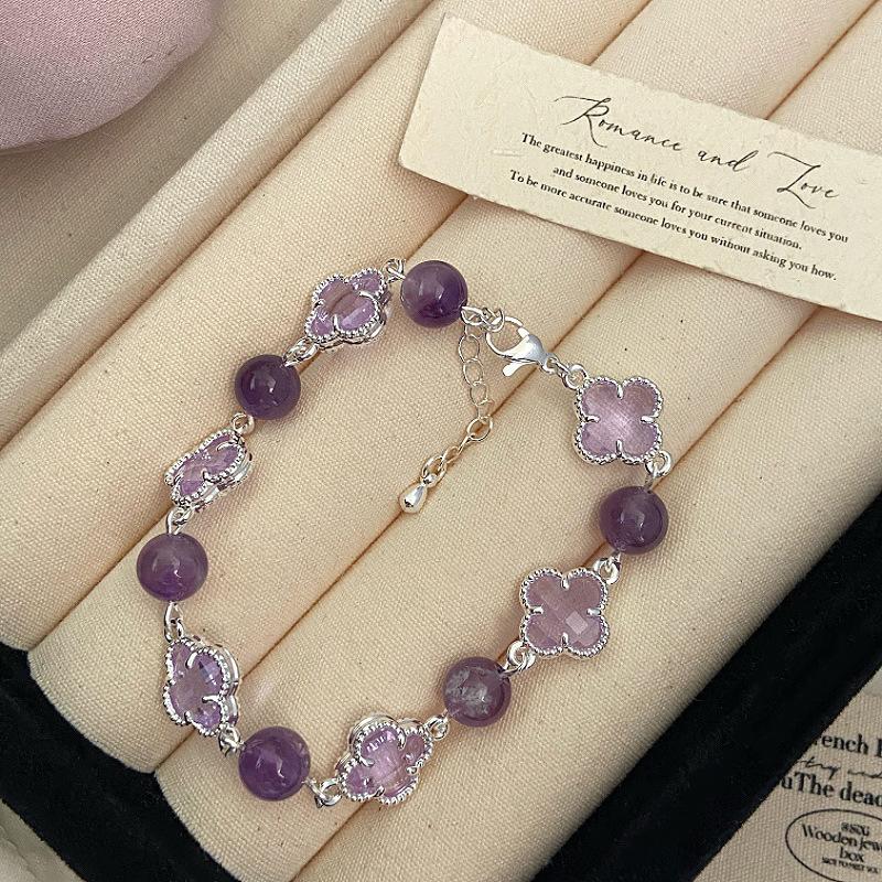 Pink Four-leaf Flower Bracelet Freshwater Pearl Natural Crystal Bracelet, Sweet Internet Celebrity Small Fragrance Citrine Bracelet.
