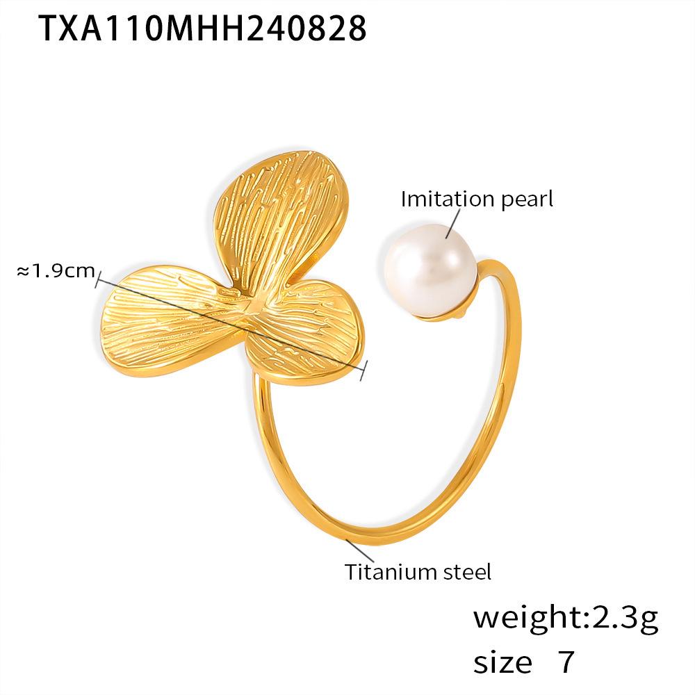 Pearl Flower 18K Gold Adjustable Titanium Steel Ring & Fashion Earrings Set