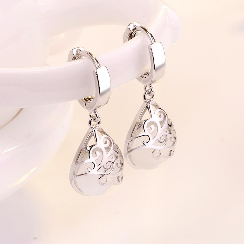 Trendy Opal Stone Flower Silver Plated Ladies Hoop Drop Earrings Fashion Wedding Party Jewelry Earrings for Women Birthday Gifts