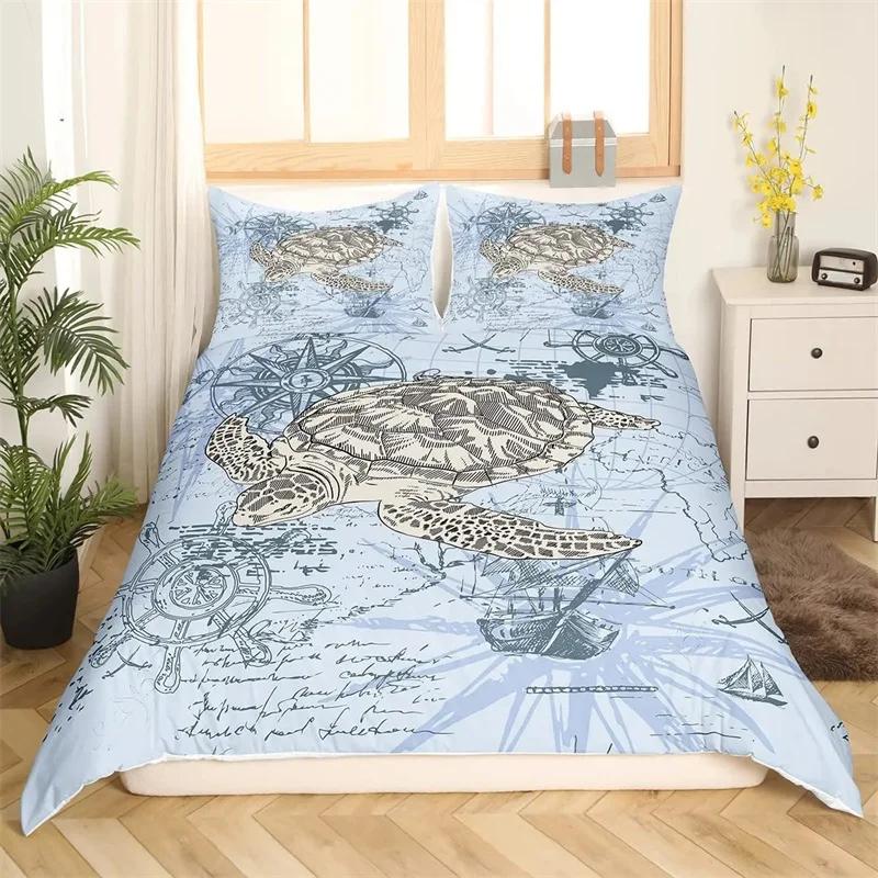 Duvet Cover Compass and Wind Rose Nautical Theme Voyage Words Decorative Bedding Blue White Room Decoration for Women Men Gifts