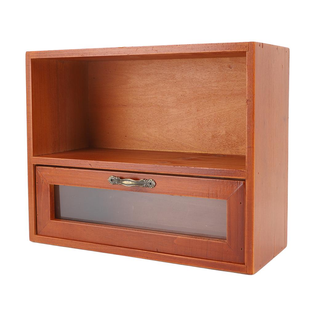 Vintage Tabletop Organizer Solid Wood Desktop Display Cabinet Storage Box with Clear Drawer for Kitchen Living Room Bedroom