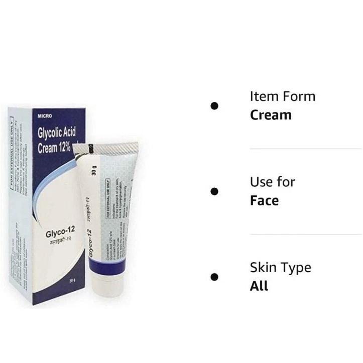 GLYCO 12 Glycolic Acid CREAM 12% Reduce Wrinkles Prevents Acne 30gm