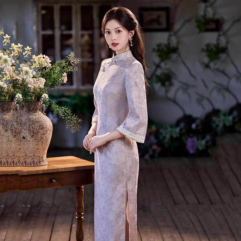 Purple National Style New Chinese Autumn Long-sleeved Cheongsam Improved Young Women's High-end Sense Retro Slim Waist Spring and Autumn