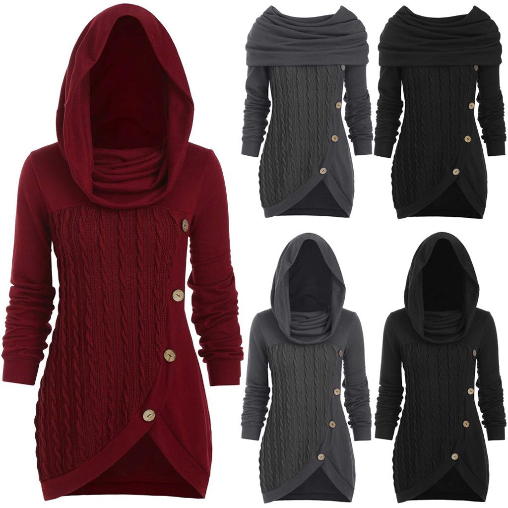 Women's Plus Size High Neck Hooded Knit Sweater with Button Detail