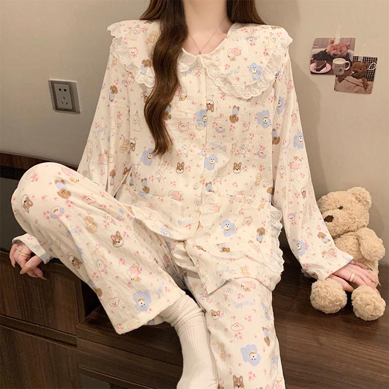 Women's Cartoon Lace Peter Pan Collar Cotton Pajamas - Long Sleeve, Spring/Fall, Winter Style