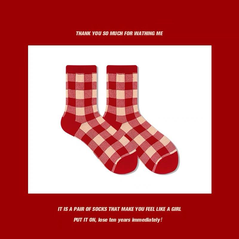 Big Red Socks Women S New Year S Mid-Leg Socks Season Cotton Socks Couple Wedding Socks Long Barrel Red Men S Socks One size fits all