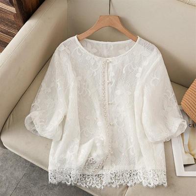 Spring & Summer Women's Casual Round Neck Lace Shirt with Stylish Five-Point Sleeves