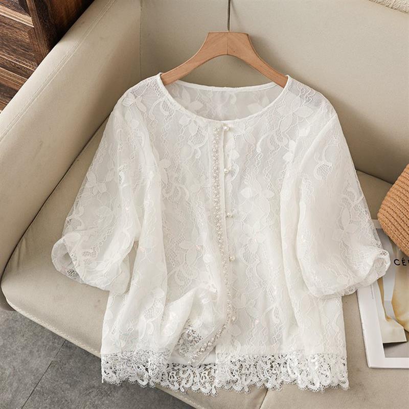 

Spring & Summer Women s Casual Round Neck Lace Shirt with Stylish Five-Point Sleeves XL (90-105 cm) білий