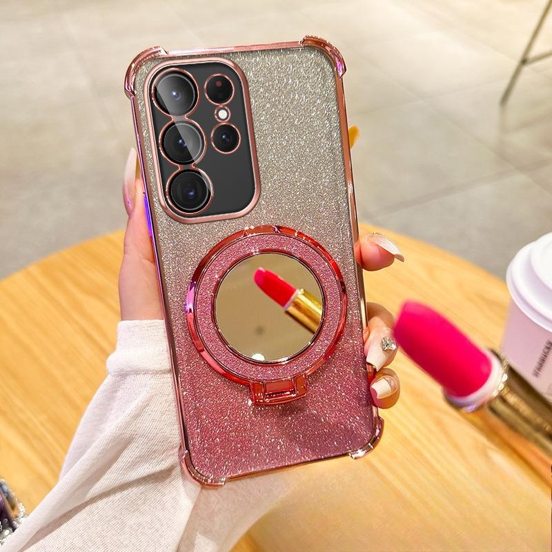 Suitable for Samsung S25 Ultra Electroplated Four Corner Airbag Mobile Phone Case S24 Makeup Mirror A17 Bracket A26 Anti Fall Cover 5