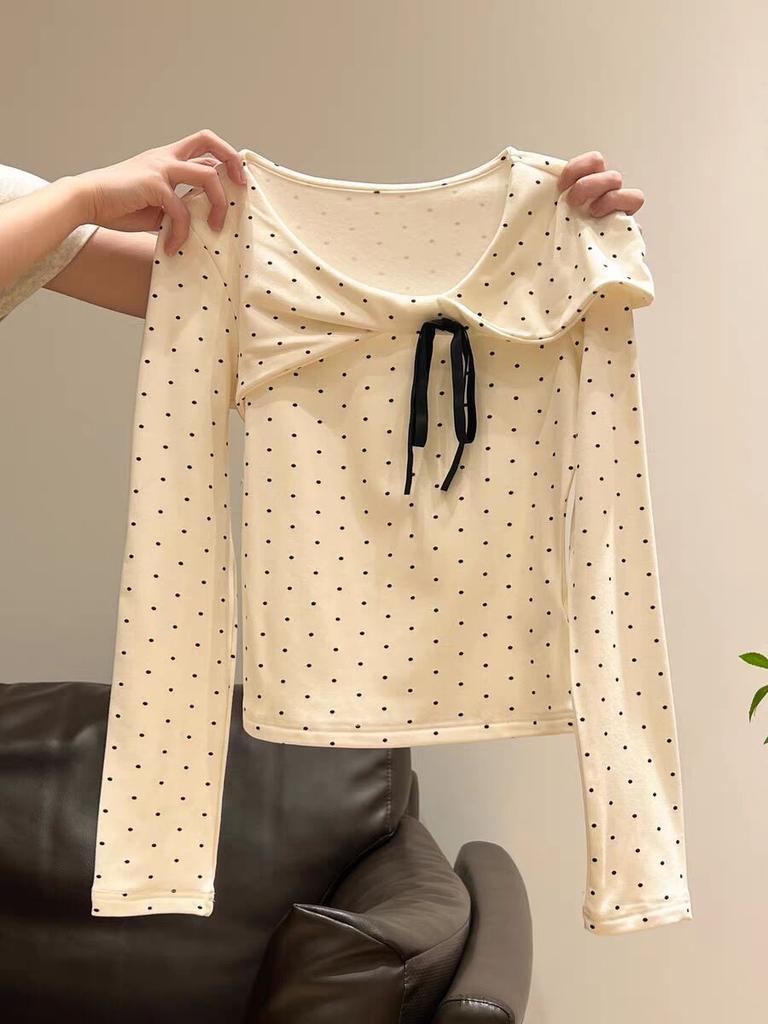 Autumn and Winter Warm German Velvet Long-sleeved Top, Women's Korean Full-printed Polka Dot Bow, Sweet and Thin Bottoming Shirt