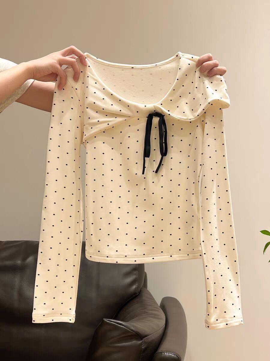 

Autumn and winter warm German velvet long-sleeved top, women s Korean full-printed polka dot bow, sweet and thin bottoming shirt s (recommended within 50kg ) абрикосовый