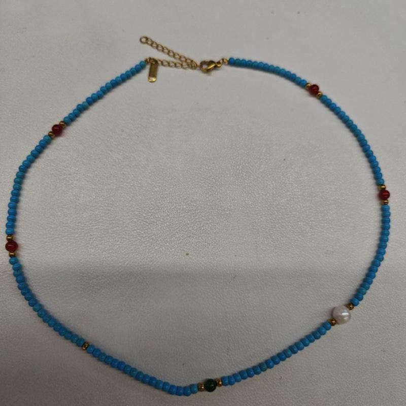 Optimize turquoise glass beads beaded necklace exquisite fashion versatile high sense temperament niche design personalized items