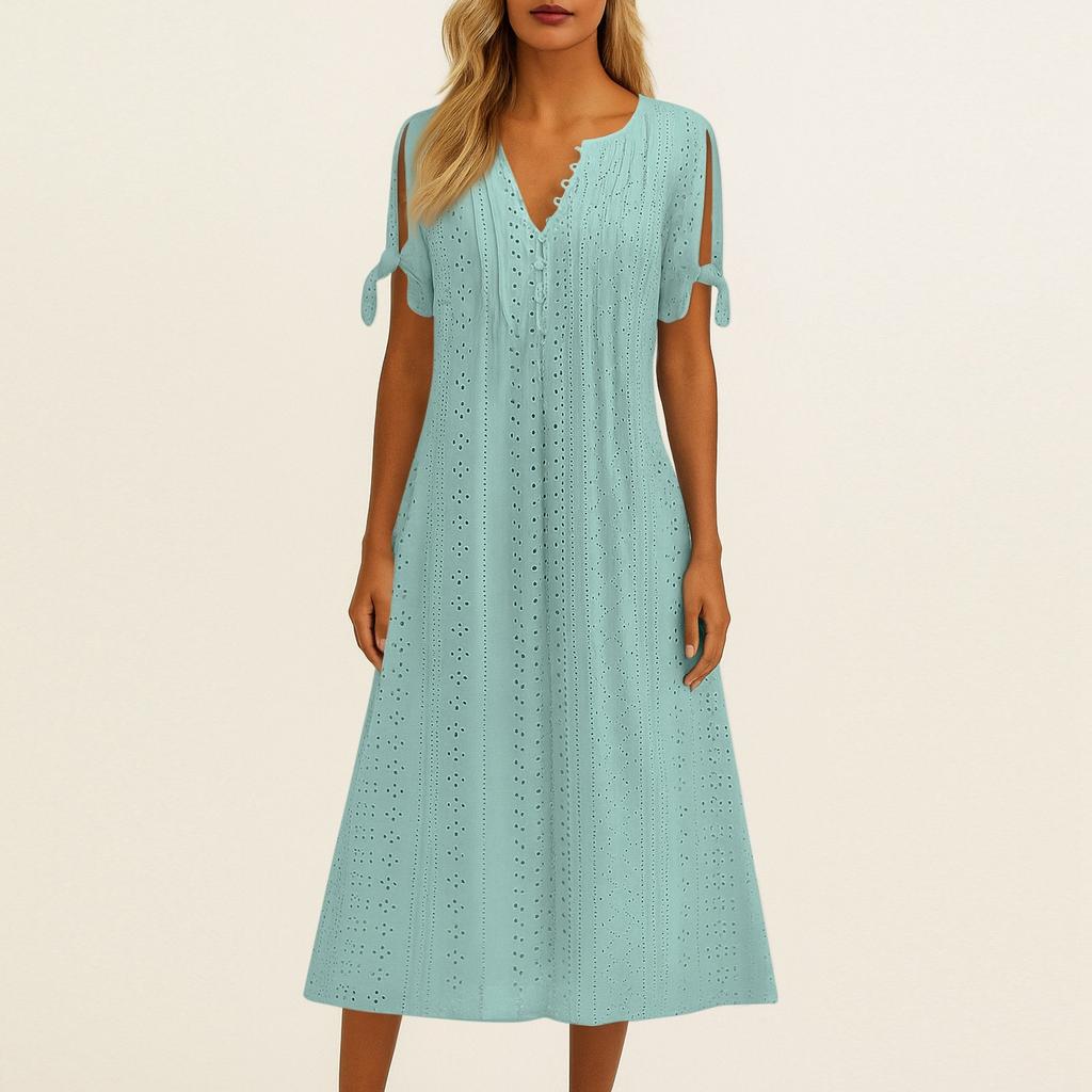 Women's Fashion Casual Color Round Neck Button Off Shoulder Short Sleeve Pocket Dress