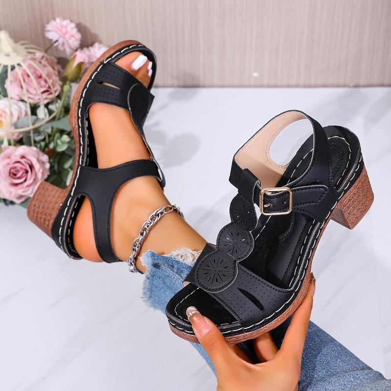 

Модные сандалии на низком каблуке для женщин, модная повседневная женская обувь, толстый каблук и толстая подошва, ретро сандалии на платформе с полым носком-рыбкой 36 чёрный