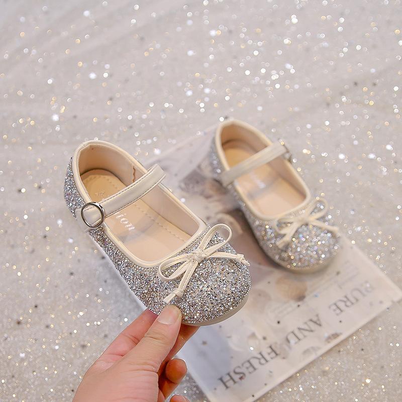 Girls' Rhinestone Crystal Princess Shoes2026Spring and Autumn Rhinestone Butterfly Cute Bow Solid Color Performance Shoes