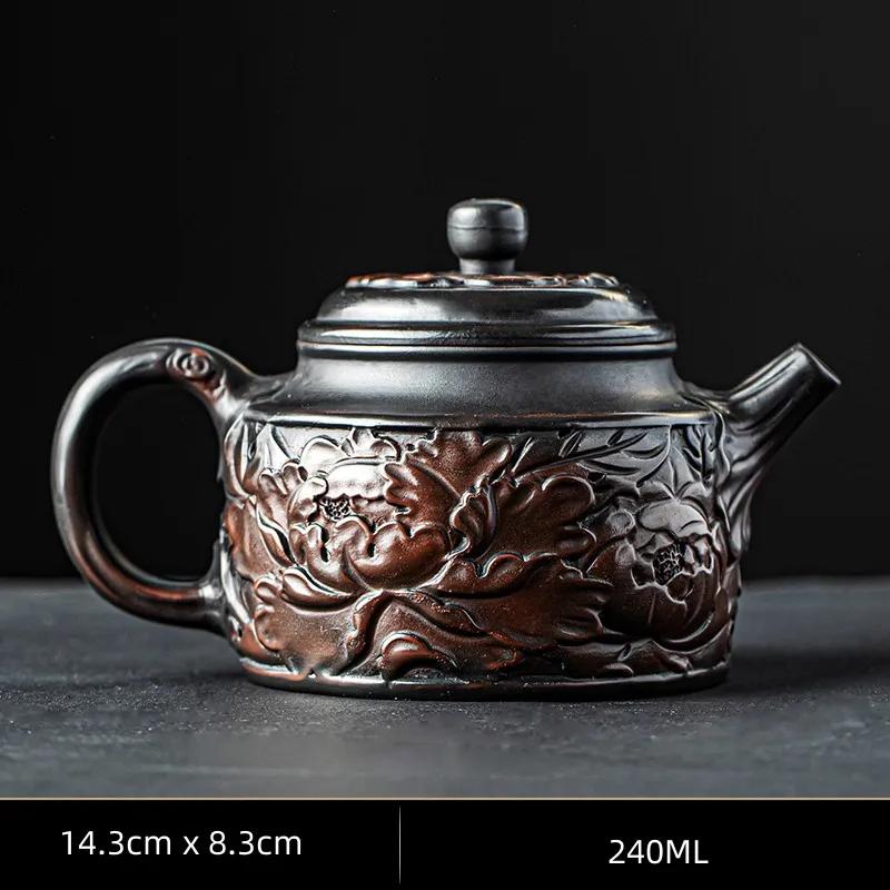 Retro Carving Purple Pottery Teapot Ceramic Household Kettle Pot Kung Fu Tea Set  Pure Handmade Teapot Teapot for Tea Puer Tea