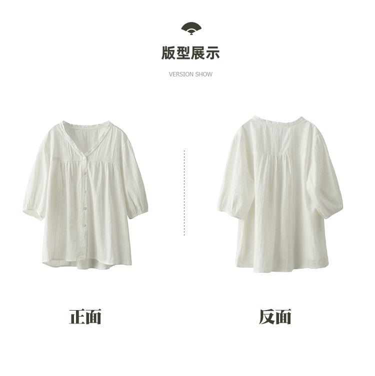 New literary lace V-neck cotton shirt women's casual white shirt temperament short-sleeved top summer