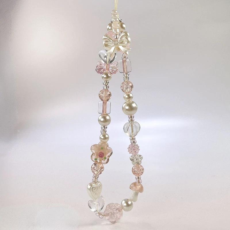 Cute Glass Bowknot Flower Bead Phone Strap Charm Chain Knot Cellphone Lanyard Keychain Girl Bag Camera Pendant for Airpods Case