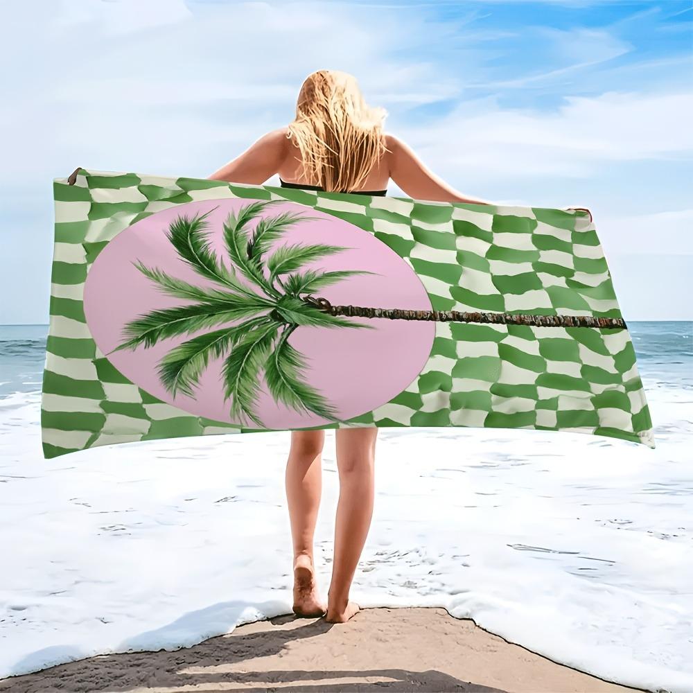 

Palm Tree Beach Towel, Green Checkerboard Print, Pink Circle Design, Retro Pop Art Style, Quick Dry Microfiber, Summer Gift W30*H60(CM)