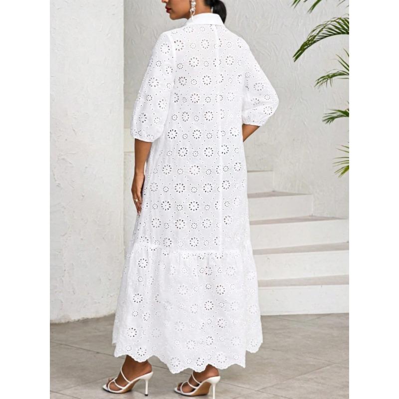 Einfarbiges Sieben-Viertel-Ärmel Lockeres Hemdkragen Hohlspitze Temperament Kleid