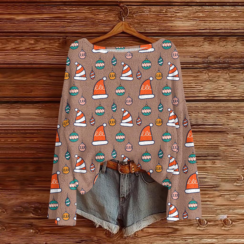 Damen Modische Oversized Strickware Langärmeliges Oberteil mit Weihnachtsdruck