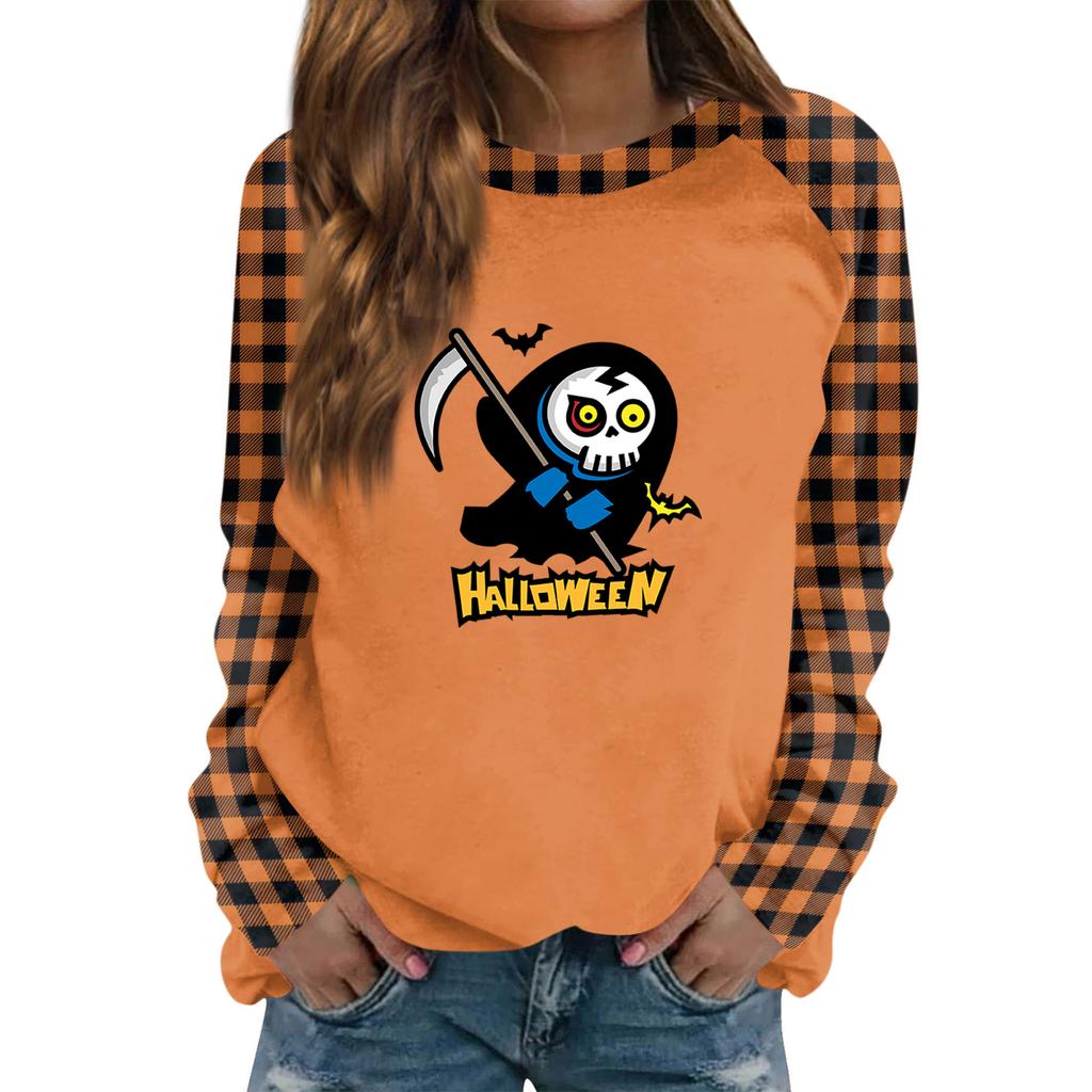 Women's Long Sleeve Crewneck Top with Halloween Print for Casual Fashion