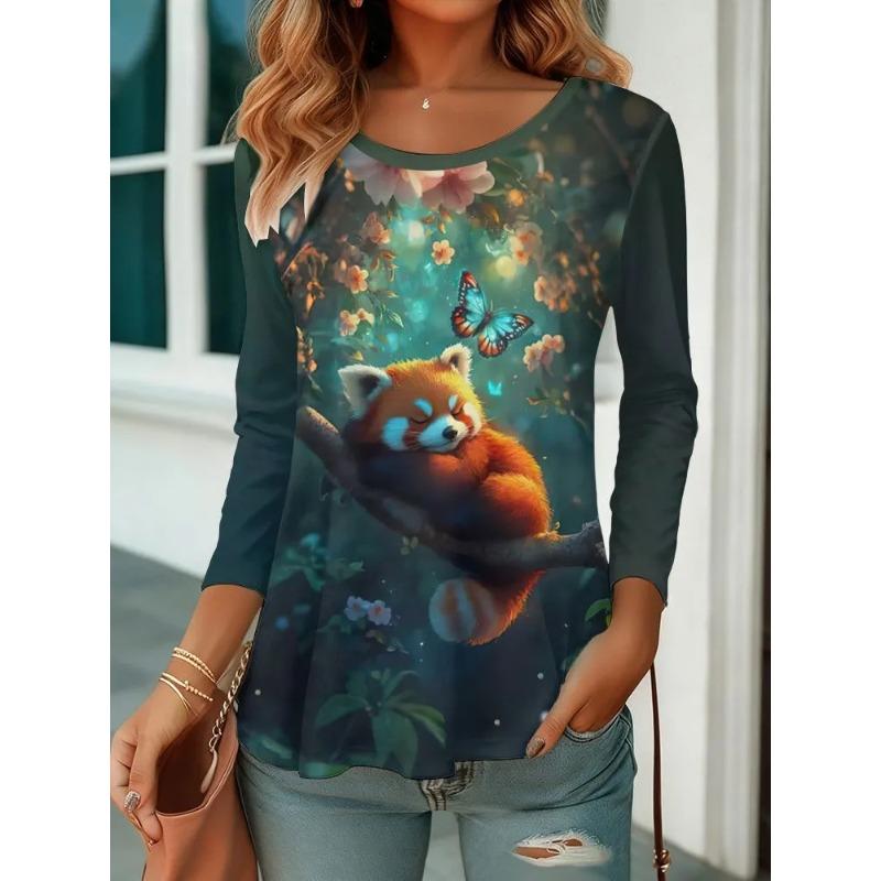 Autumn Women's 3D Animal Landscape Print Crew Neck T-Shirt