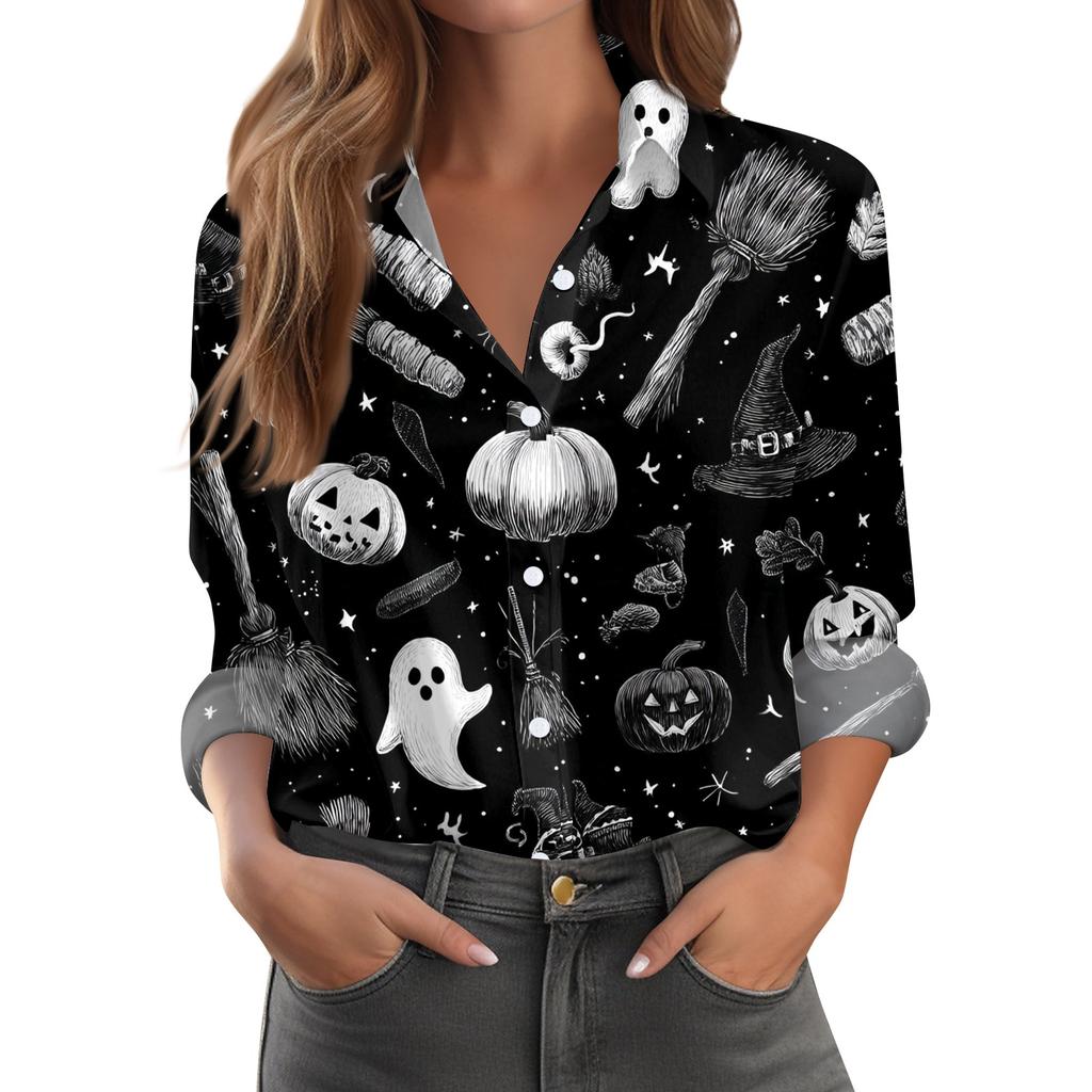 Damen Halloween Bedrucktes Lässiges Halbgeöffneter Kragen Langarmhemd