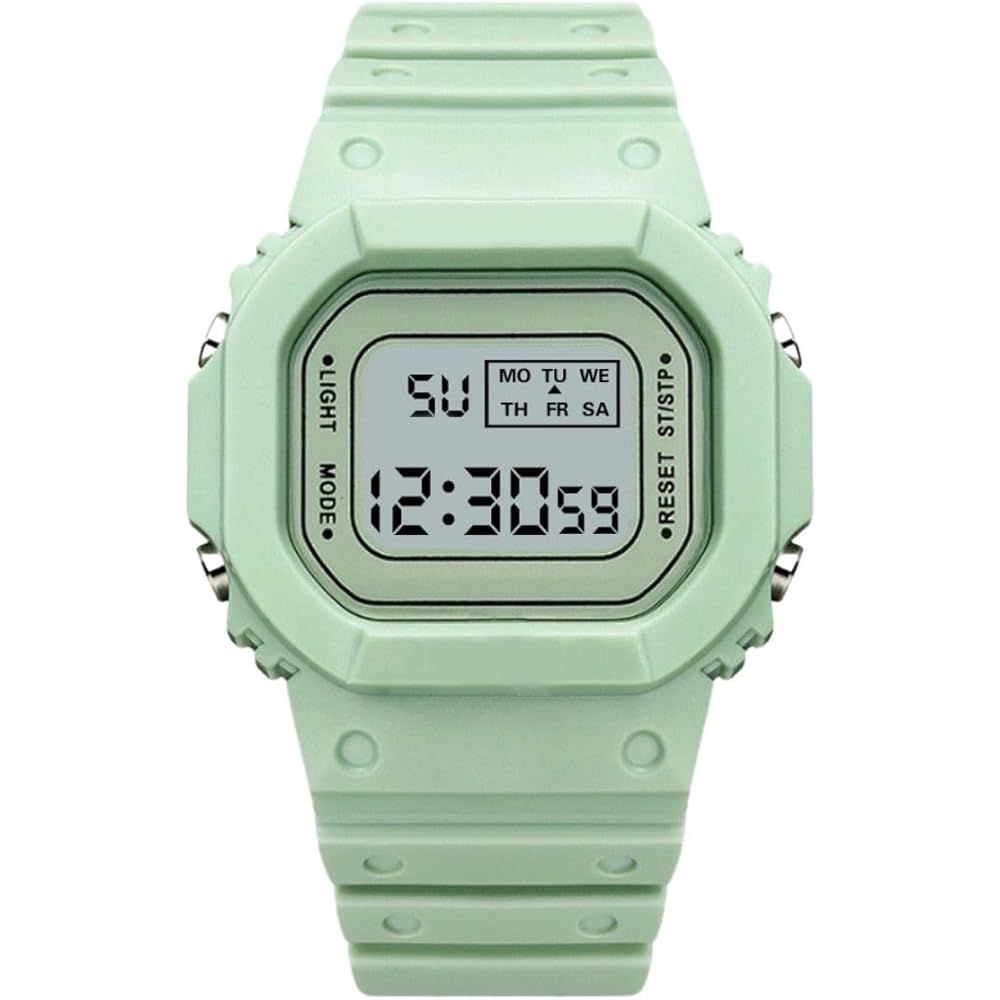 Digital Sports Watch for Women, Men, Kids, Waterproof, Alarm, Square Design, Green