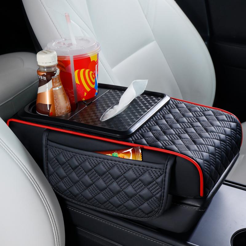 Multi-Function Car Armrest Pad with Cup Holder, Tissue Box & Side Storage Premium Napa Leather  Essential Comfort for Your Car